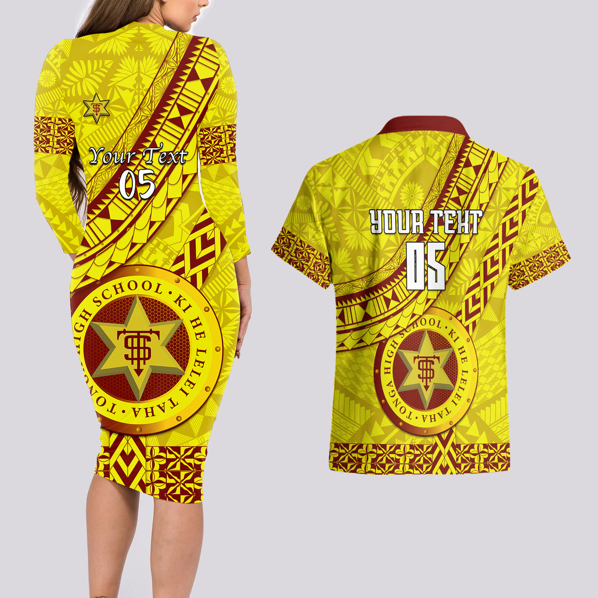 Custom Tonga High School Couples Matching Long Sleeve Bodycon Dress and Hawaiian Shirt Tongan Kupesi Pattern LT05 - Polynesian Pride