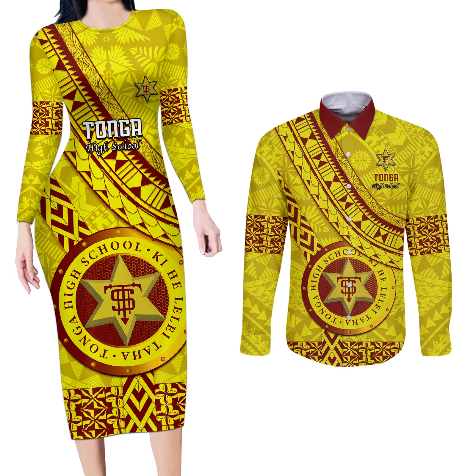 Custom Tonga High School Couples Matching Long Sleeve Bodycon Dress and Long Sleeve Button Shirts Tongan Kupesi Pattern LT05 Yellow - Polynesian Pride