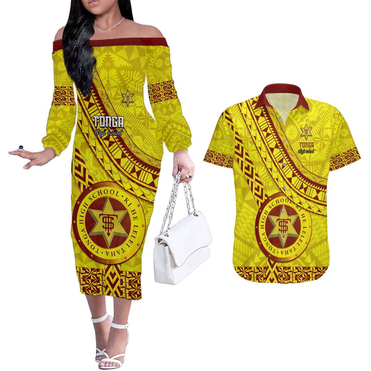 Custom Tonga High School Couples Matching Off The Shoulder Long Sleeve Dress and Hawaiian Shirt Tongan Kupesi Pattern LT05 Yellow - Polynesian Pride