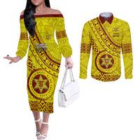 Custom Tonga High School Couples Matching Off The Shoulder Long Sleeve Dress and Long Sleeve Button Shirts Tongan Kupesi Pattern LT05 Yellow - Polynesian Pride