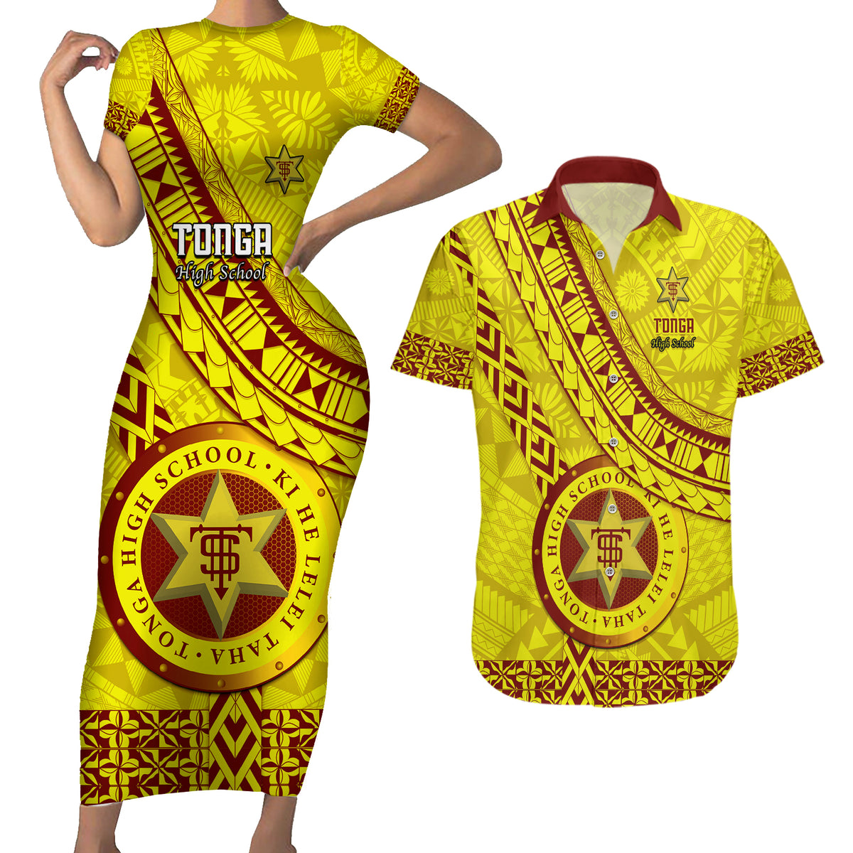 Custom Tonga High School Couples Matching Short Sleeve Bodycon Dress and Hawaiian Shirt Tongan Kupesi Pattern LT05 Yellow - Polynesian Pride