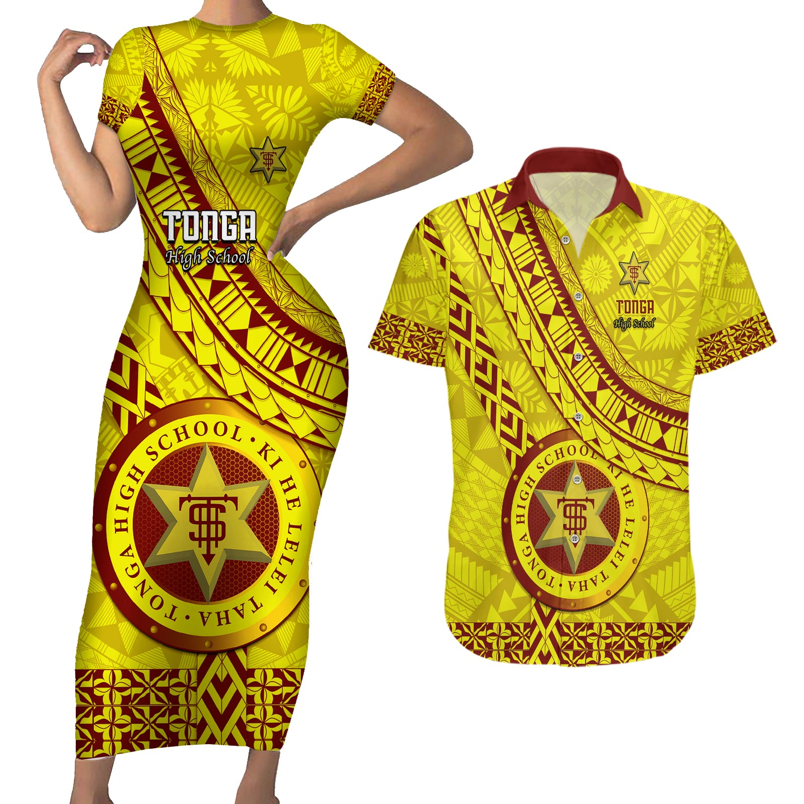 Custom Tonga High School Couples Matching Short Sleeve Bodycon Dress and Hawaiian Shirt Tongan Kupesi Pattern LT05 Yellow - Polynesian Pride