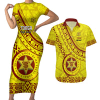 Custom Tonga High School Couples Matching Short Sleeve Bodycon Dress and Hawaiian Shirt Tongan Kupesi Pattern LT05 Yellow - Polynesian Pride