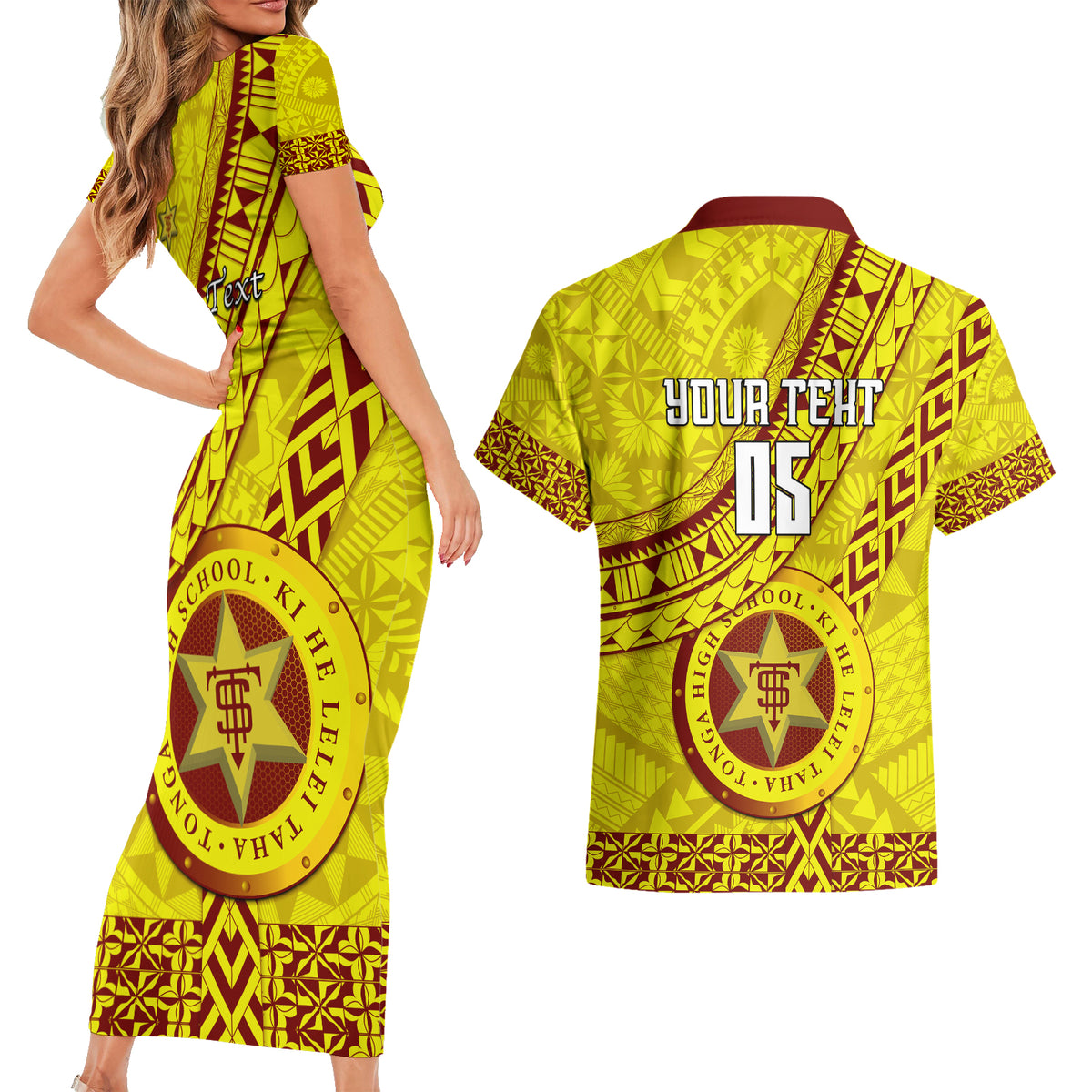 Custom Tonga High School Couples Matching Short Sleeve Bodycon Dress and Hawaiian Shirt Tongan Kupesi Pattern LT05 - Polynesian Pride