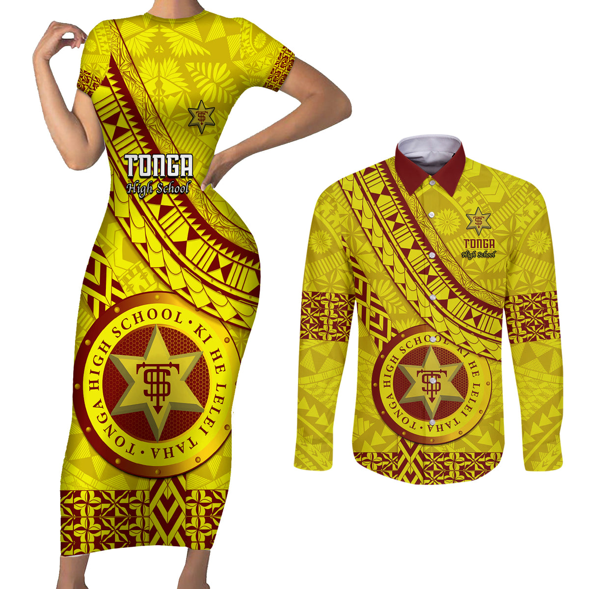 Custom Tonga High School Couples Matching Short Sleeve Bodycon Dress and Long Sleeve Button Shirts Tongan Kupesi Pattern LT05 Yellow - Polynesian Pride