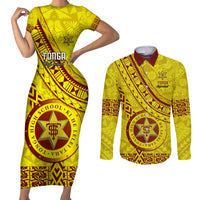 Custom Tonga High School Couples Matching Short Sleeve Bodycon Dress and Long Sleeve Button Shirts Tongan Kupesi Pattern LT05 Yellow - Polynesian Pride