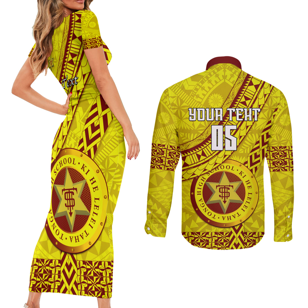 Custom Tonga High School Couples Matching Short Sleeve Bodycon Dress and Long Sleeve Button Shirts Tongan Kupesi Pattern LT05 - Polynesian Pride