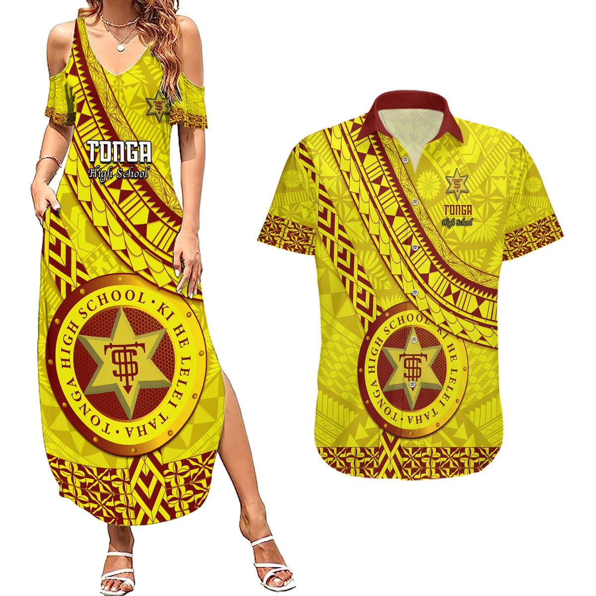 Custom Tonga High School Couples Matching Summer Maxi Dress and Hawaiian Shirt Tongan Kupesi Pattern LT05 Yellow - Polynesian Pride