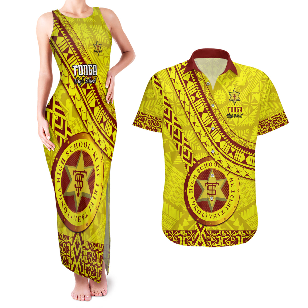 Custom Tonga High School Couples Matching Tank Maxi Dress and Hawaiian Shirt Tongan Kupesi Pattern LT05 Yellow - Polynesian Pride