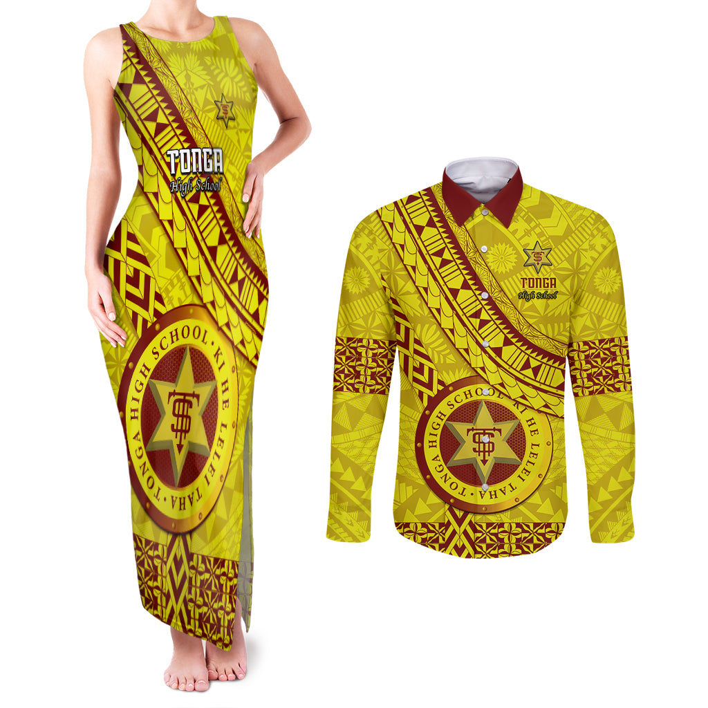 Custom Tonga High School Couples Matching Tank Maxi Dress and Long Sleeve Button Shirts Tongan Kupesi Pattern LT05 Yellow - Polynesian Pride