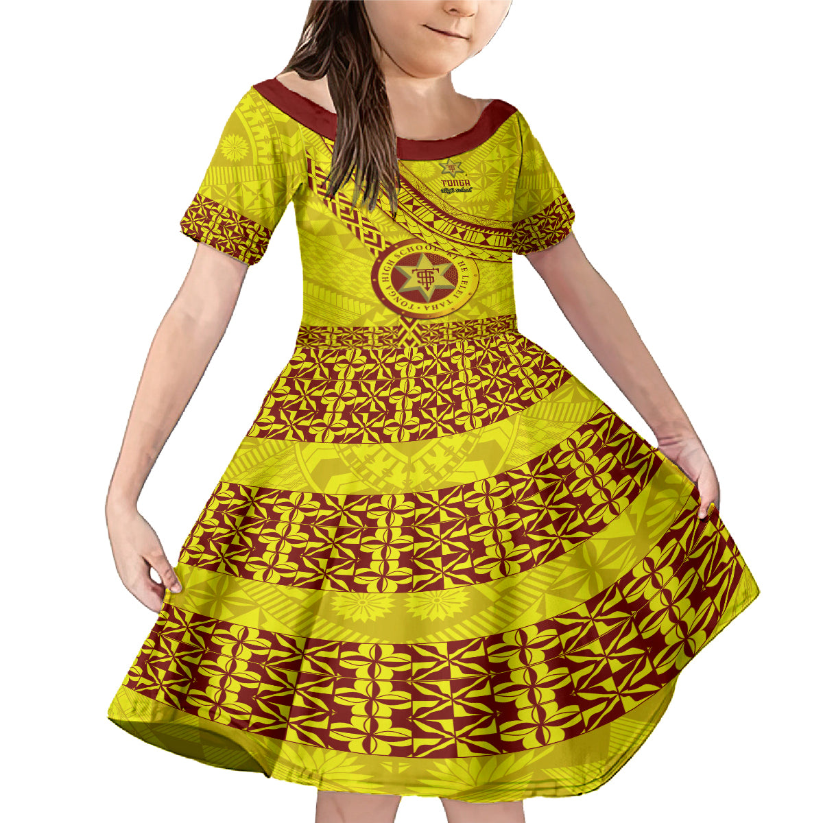 Custom Tonga High School Family Matching Mermaid Dress and Hawaiian Shirt Tongan Kupesi Pattern LT05 Daughter's Dress Yellow - Polynesian Pride