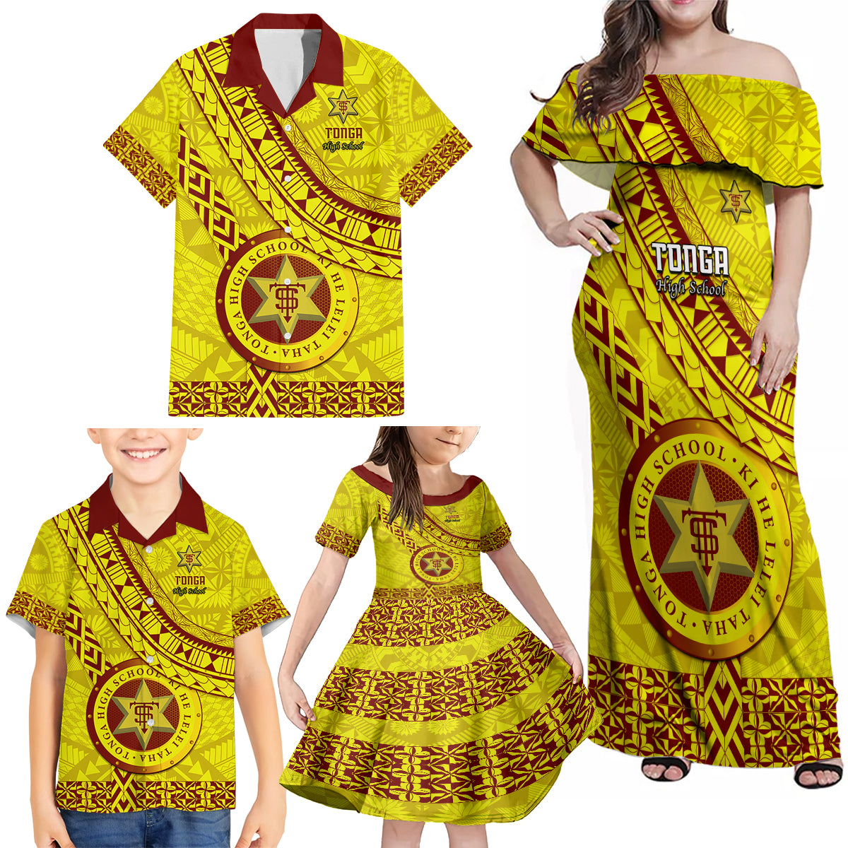 Custom Tonga High School Family Matching Off Shoulder Maxi Dress and Hawaiian Shirt Tongan Kupesi Pattern LT05 - Polynesian Pride