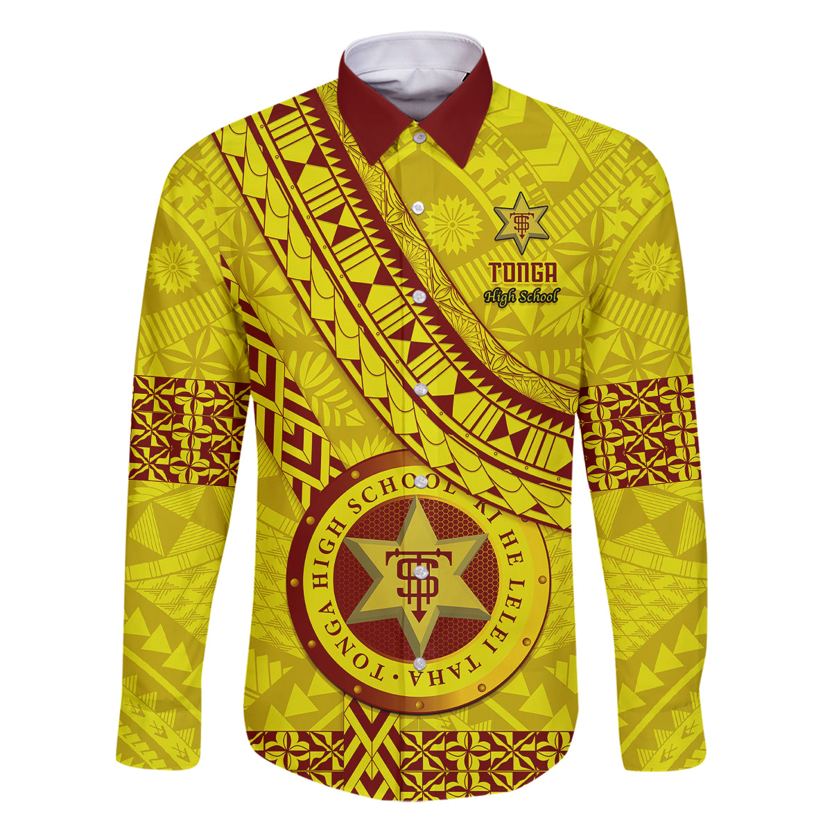 Custom Tonga High School Family Matching Off Shoulder Maxi Dress and Hawaiian Shirt Tongan Kupesi Pattern LT05 Dad's Shirt - Long Sleeve Yellow - Polynesian Pride