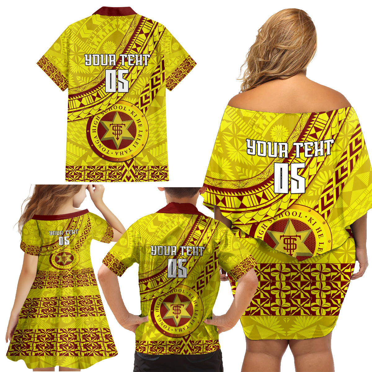 Custom Tonga High School Family Matching Off Shoulder Short Dress and Hawaiian Shirt Tongan Kupesi Pattern LT05 - Polynesian Pride