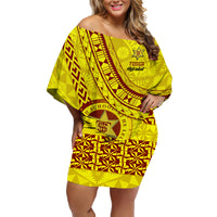 Custom Tonga High School Family Matching Off Shoulder Short Dress and Hawaiian Shirt Tongan Kupesi Pattern LT05 Mom's Dress Yellow - Polynesian Pride