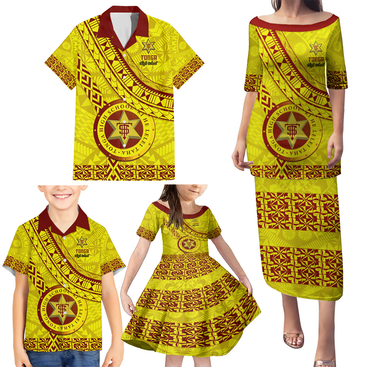 Custom Tonga High School Family Matching Puletasi Dress and Hawaiian Shirt Tongan Kupesi Pattern LT05 - Polynesian Pride