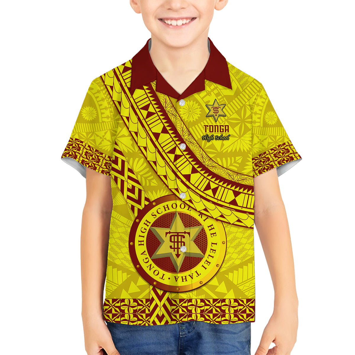 Custom Tonga High School Family Matching Tank Maxi Dress and Hawaiian Shirt Tongan Kupesi Pattern LT05 Son's Shirt Yellow - Polynesian Pride