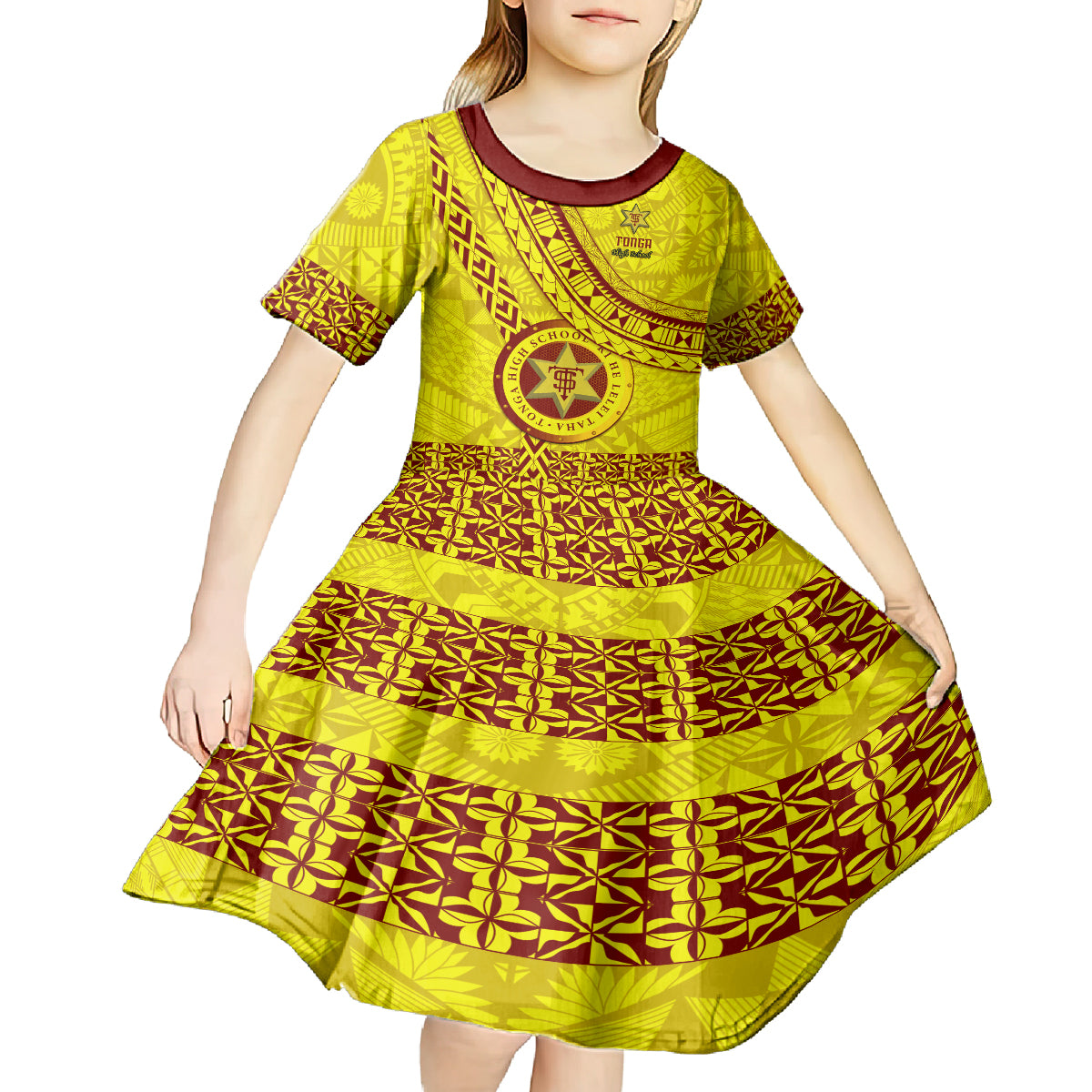 Custom Tonga High School Kid Short Sleeve Dress Tongan Kupesi Pattern LT05 - Polynesian Pride
