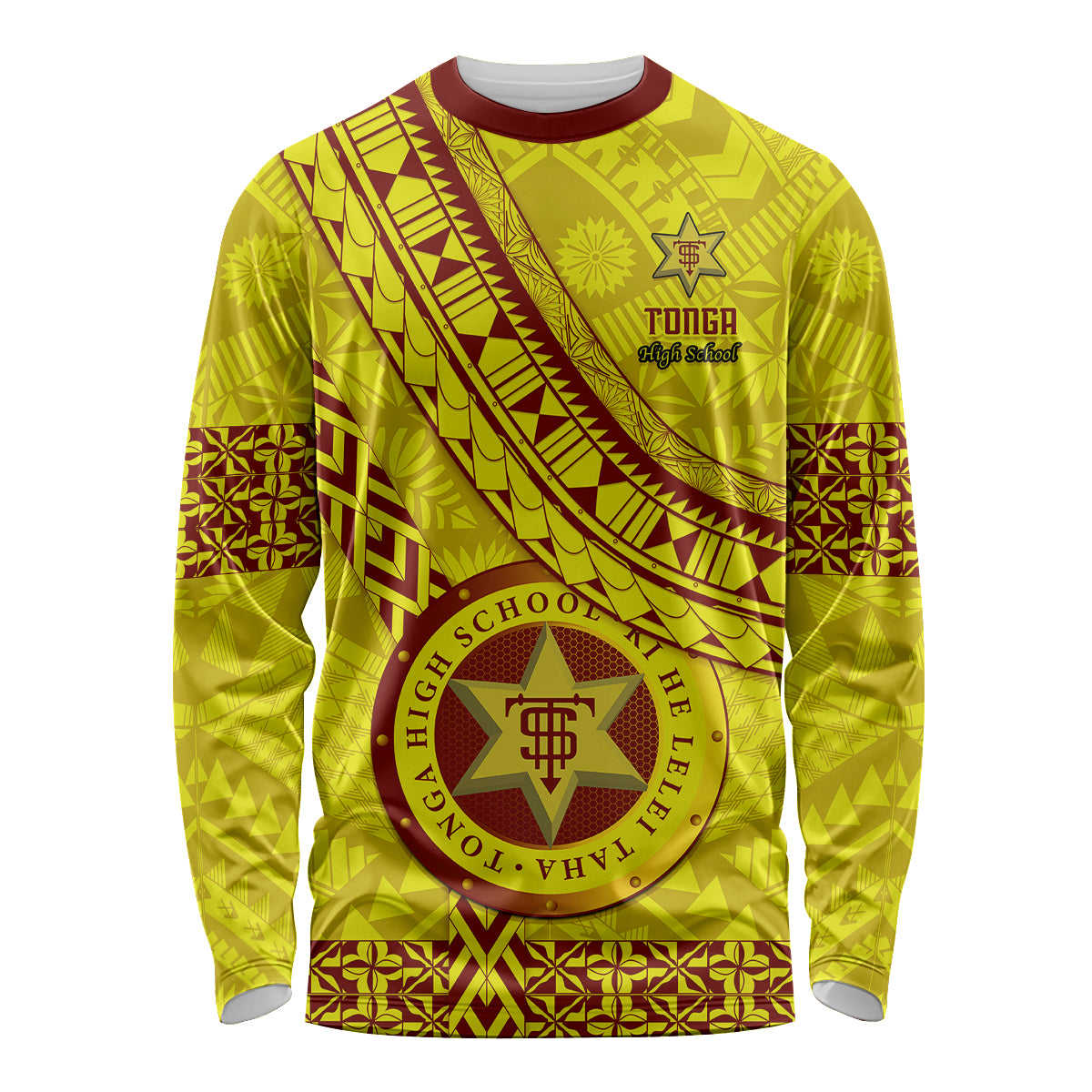 Custom Tonga High School Long Sleeve Shirt Tongan Kupesi Pattern LT05 Unisex Yellow - Polynesian Pride