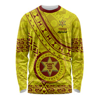 Custom Tonga High School Long Sleeve Shirt Tongan Kupesi Pattern LT05 Unisex Yellow - Polynesian Pride