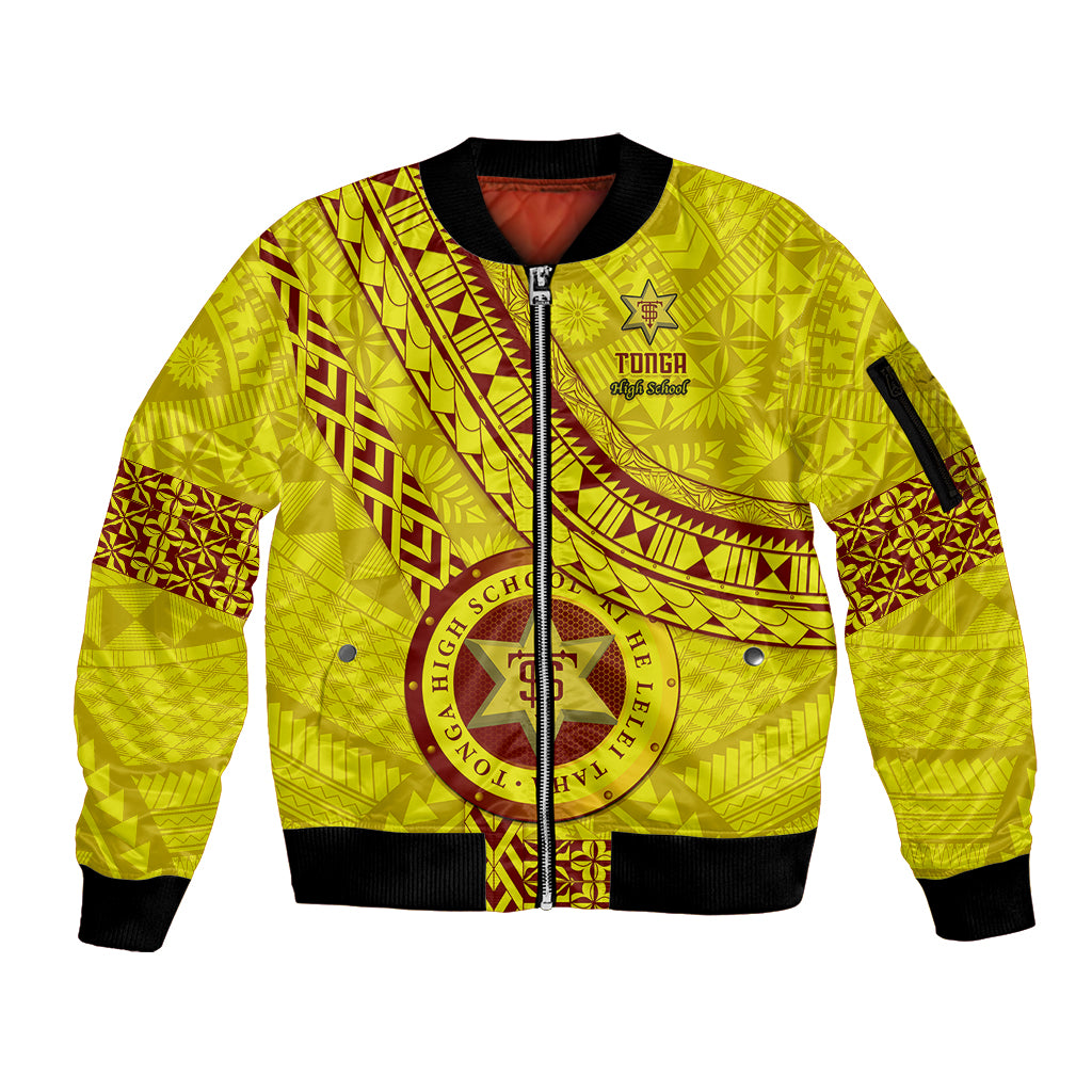 Custom Tonga High School Sleeve Zip Bomber Jacket Tongan Kupesi Pattern LT05 Unisex Yellow - Polynesian Pride