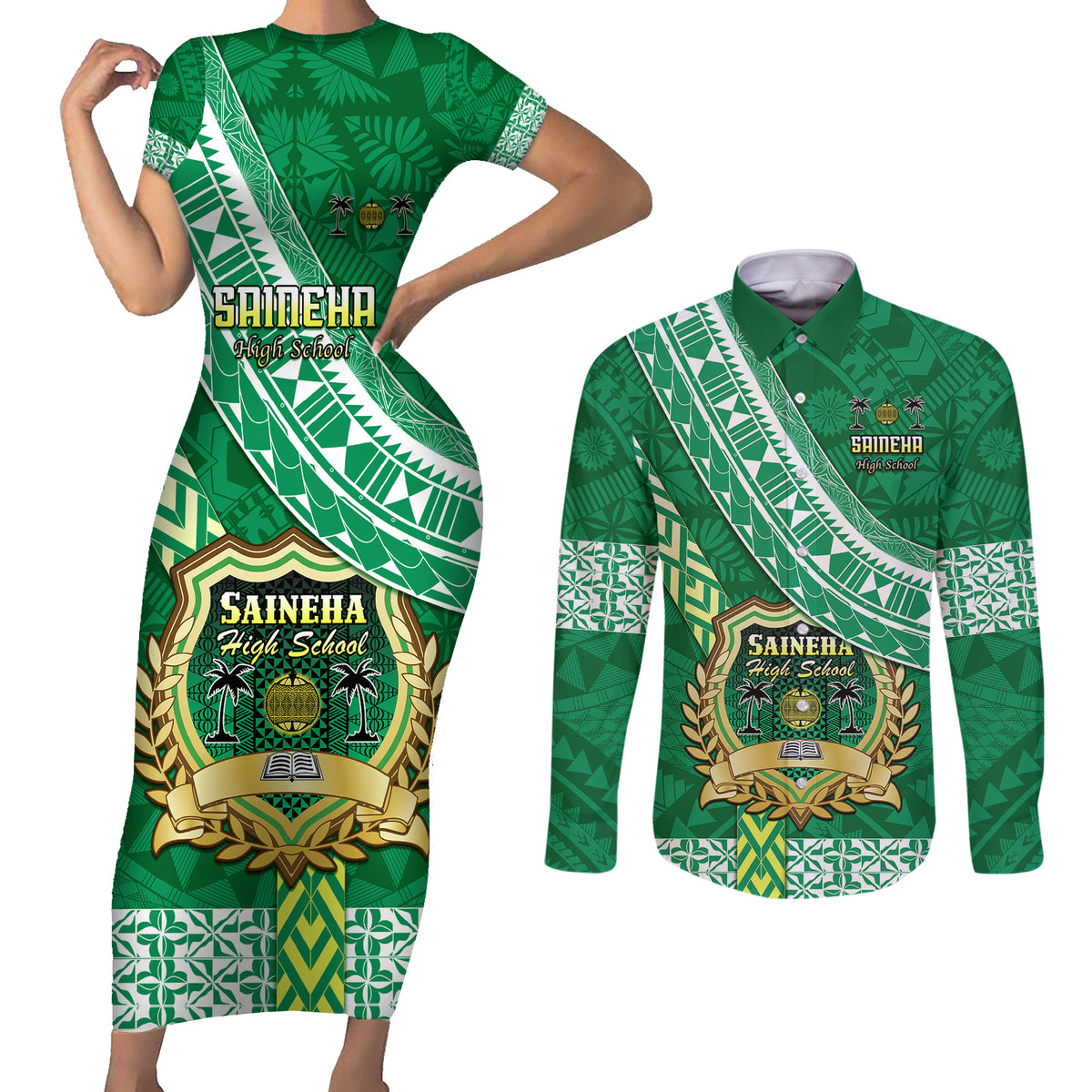 Custom Saineha High School Couples Matching Short Sleeve Bodycon Dress and Long Sleeve Button Shirts Tongan Kupesi Pattern LT05 Green - Polynesian Pride