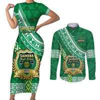 Custom Saineha High School Couples Matching Short Sleeve Bodycon Dress and Long Sleeve Button Shirts Tongan Kupesi Pattern LT05 Green - Polynesian Pride