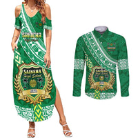 Custom Saineha High School Couples Matching Summer Maxi Dress and Long Sleeve Button Shirts Tongan Kupesi Pattern LT05 Green - Polynesian Pride