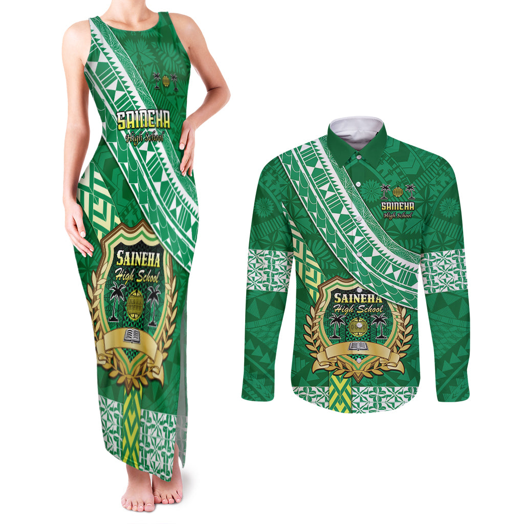 Custom Saineha High School Couples Matching Tank Maxi Dress and Long Sleeve Button Shirts Tongan Kupesi Pattern LT05 Green - Polynesian Pride