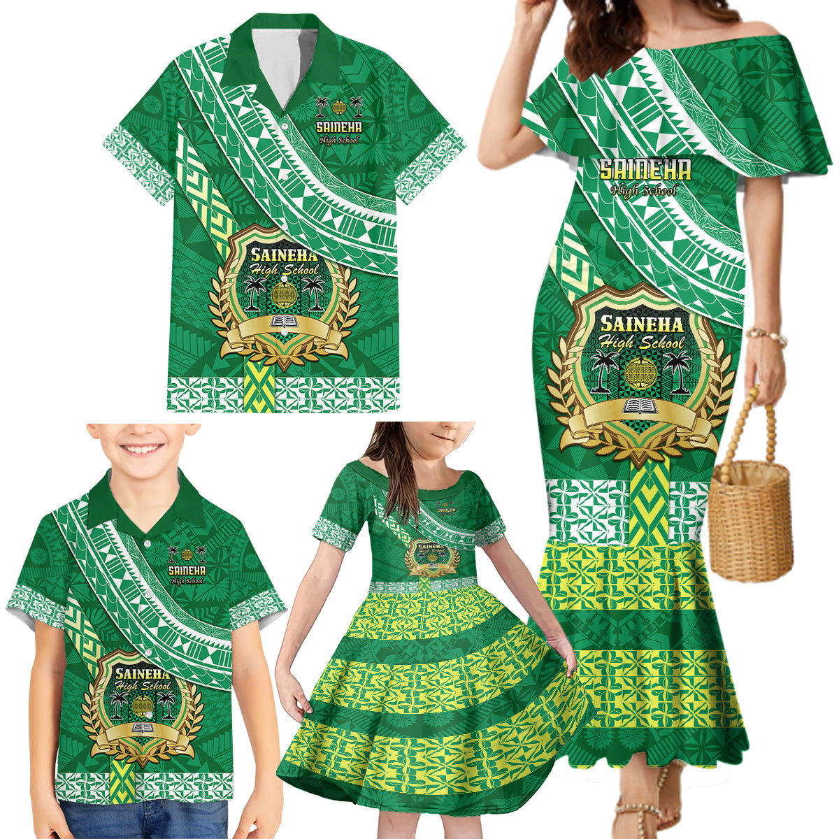 Custom Saineha High School Family Matching Mermaid Dress and Hawaiian Shirt Tongan Kupesi Pattern LT05 - Polynesian Pride