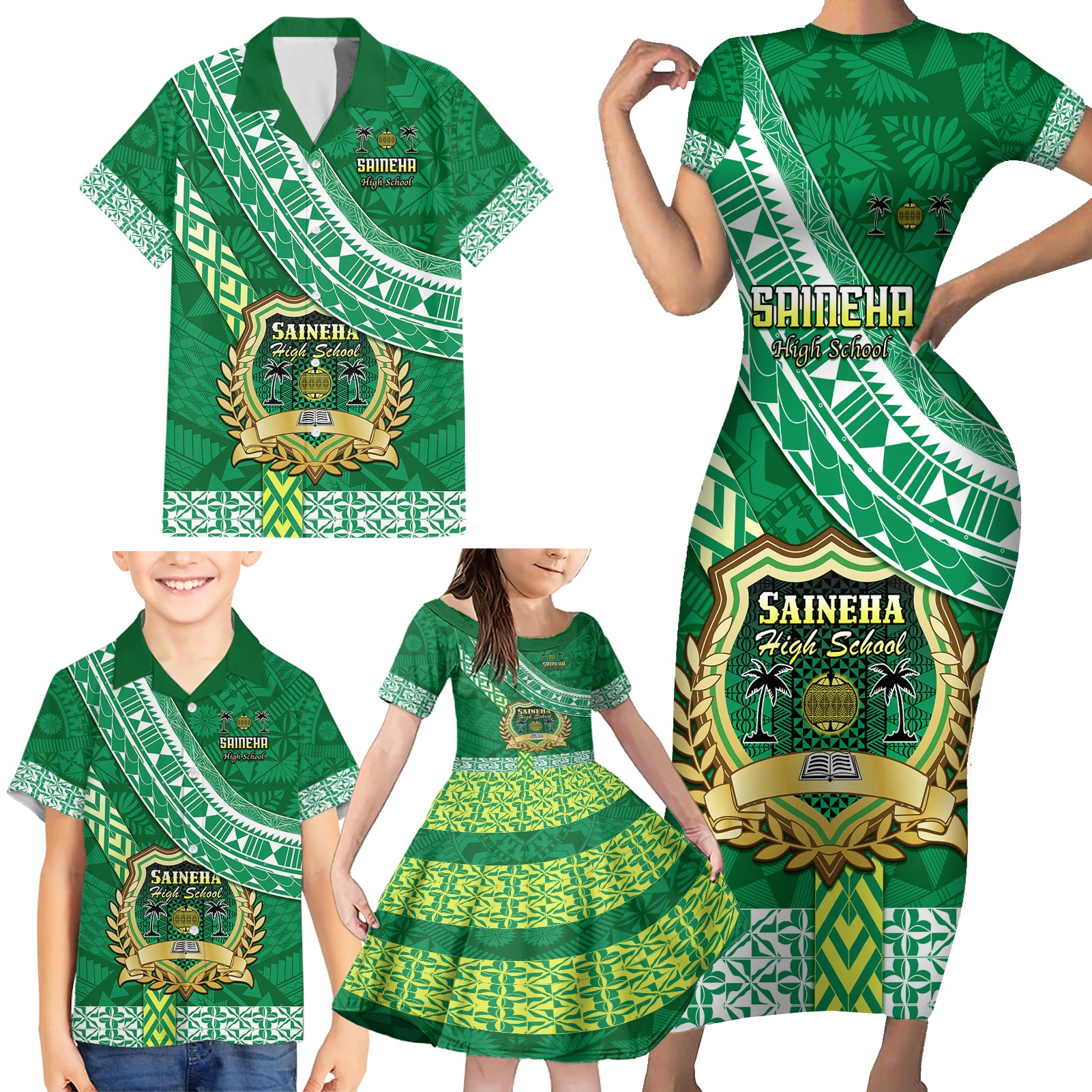 Custom Saineha High School Family Matching Short Sleeve Bodycon Dress and Hawaiian Shirt Tongan Kupesi Pattern LT05 - Polynesian Pride