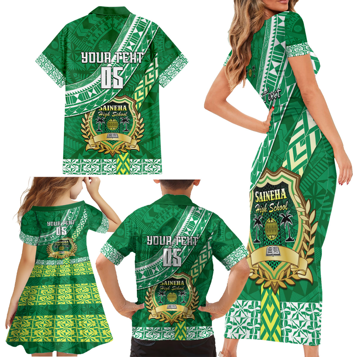 Custom Saineha High School Family Matching Short Sleeve Bodycon Dress and Hawaiian Shirt Tongan Kupesi Pattern LT05 - Polynesian Pride