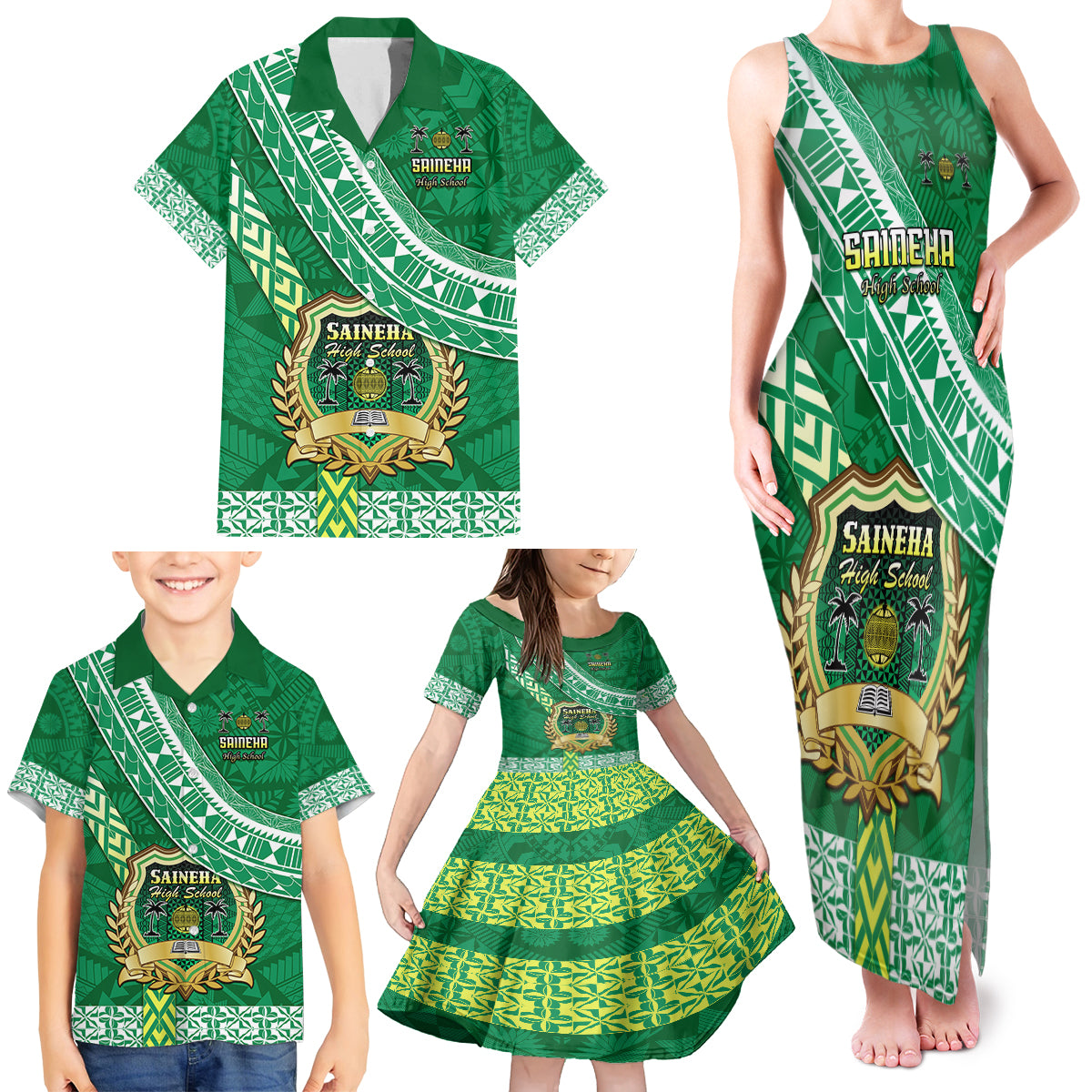 Custom Saineha High School Family Matching Tank Maxi Dress and Hawaiian Shirt Tongan Kupesi Pattern LT05 - Polynesian Pride