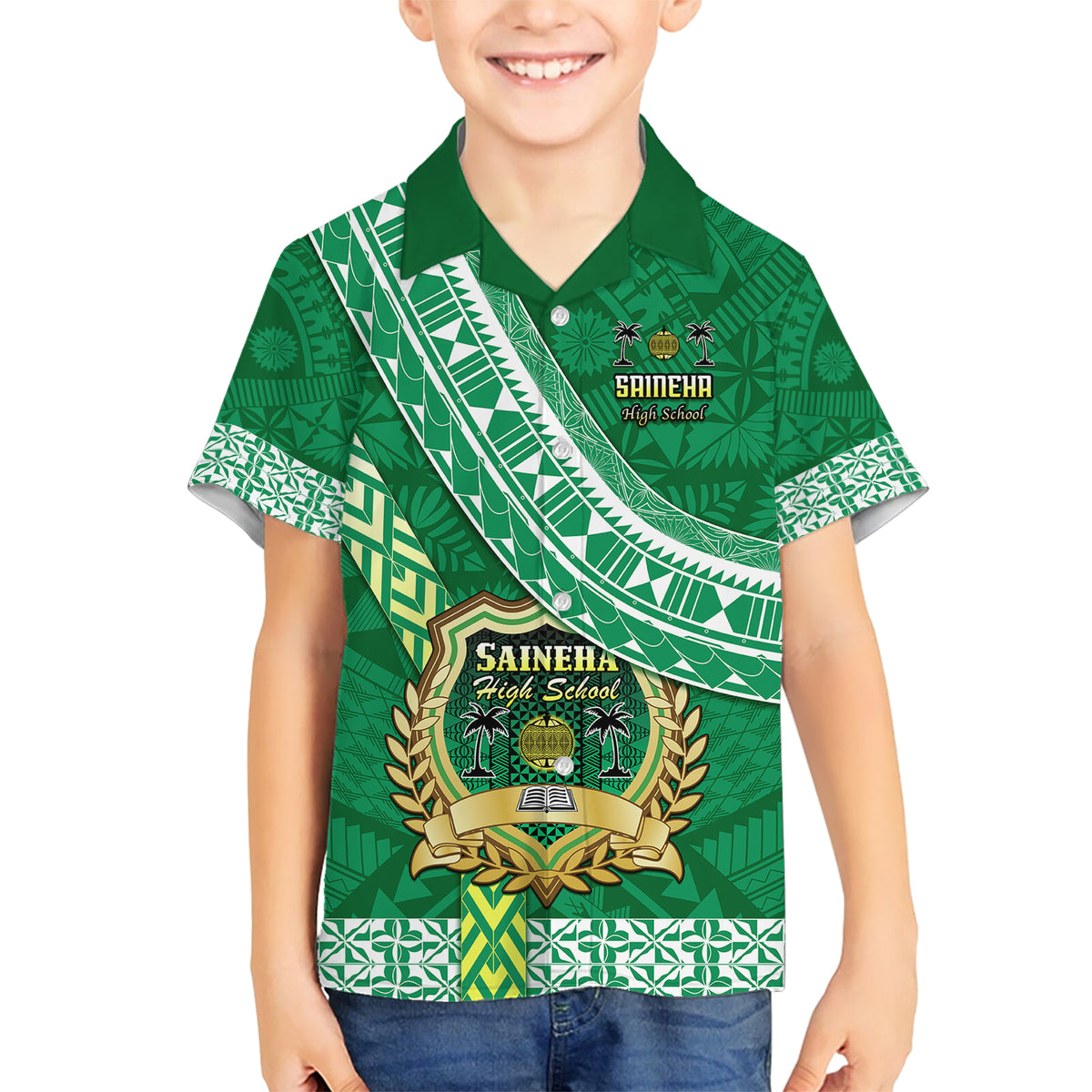 Custom Saineha High School Kid Hawaiian Shirt Tongan Kupesi Pattern LT05 Kid Green - Polynesian Pride