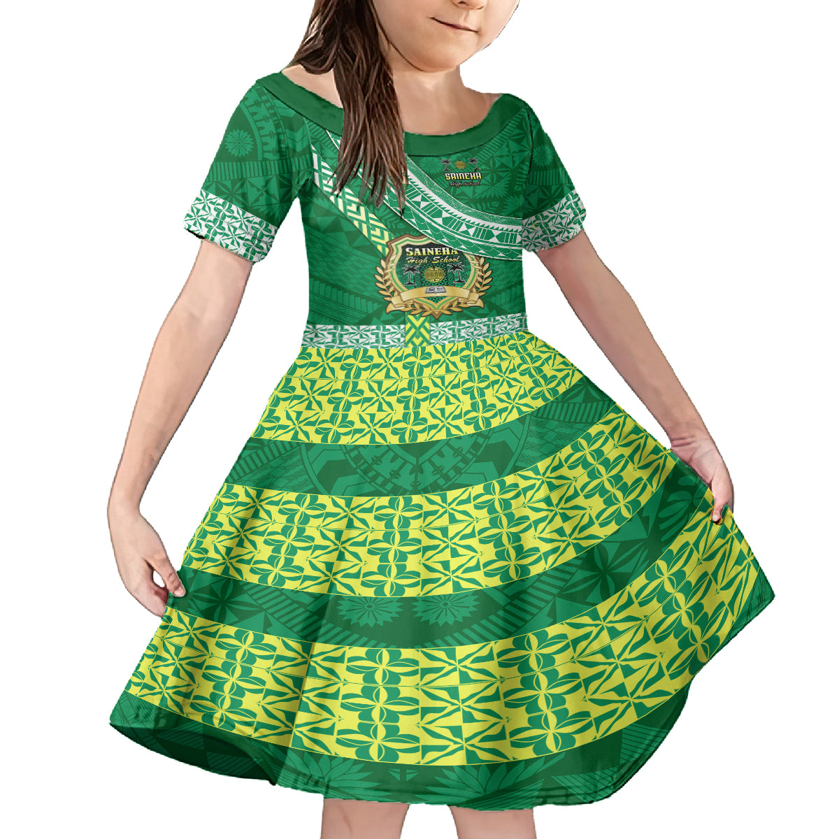 Custom Saineha High School Kid Short Sleeve Dress Tongan Kupesi Pattern LT05 KID Green - Polynesian Pride
