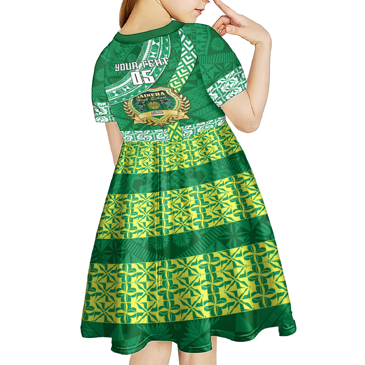 Custom Saineha High School Kid Short Sleeve Dress Tongan Kupesi Pattern LT05 - Polynesian Pride