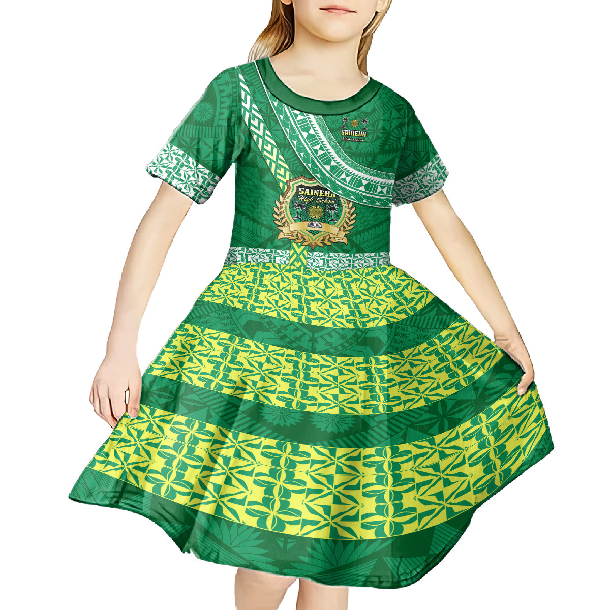 Custom Saineha High School Kid Short Sleeve Dress Tongan Kupesi Pattern LT05 - Polynesian Pride