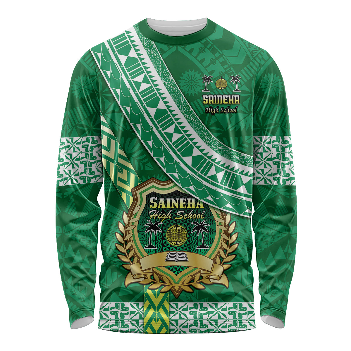 Custom Saineha High School Long Sleeve Shirt Tongan Kupesi Pattern LT05 Unisex Green - Polynesian Pride