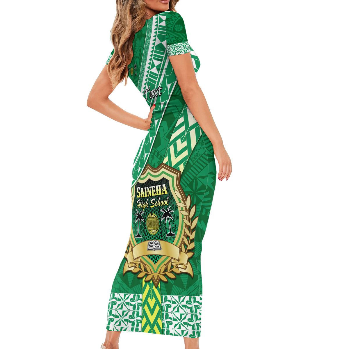 Custom Saineha High School Short Sleeve Bodycon Dress Tongan Kupesi Pattern LT05 - Polynesian Pride