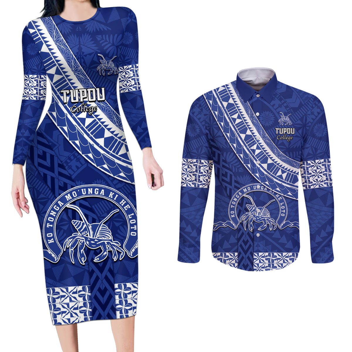 Custom Tupou College Couples Matching Long Sleeve Bodycon Dress and Long Sleeve Button Shirts Tongan Kupesi Pattern LT05 Blue - Polynesian Pride