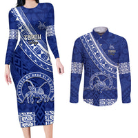 Custom Tupou College Couples Matching Long Sleeve Bodycon Dress and Long Sleeve Button Shirts Tongan Kupesi Pattern LT05 Blue - Polynesian Pride