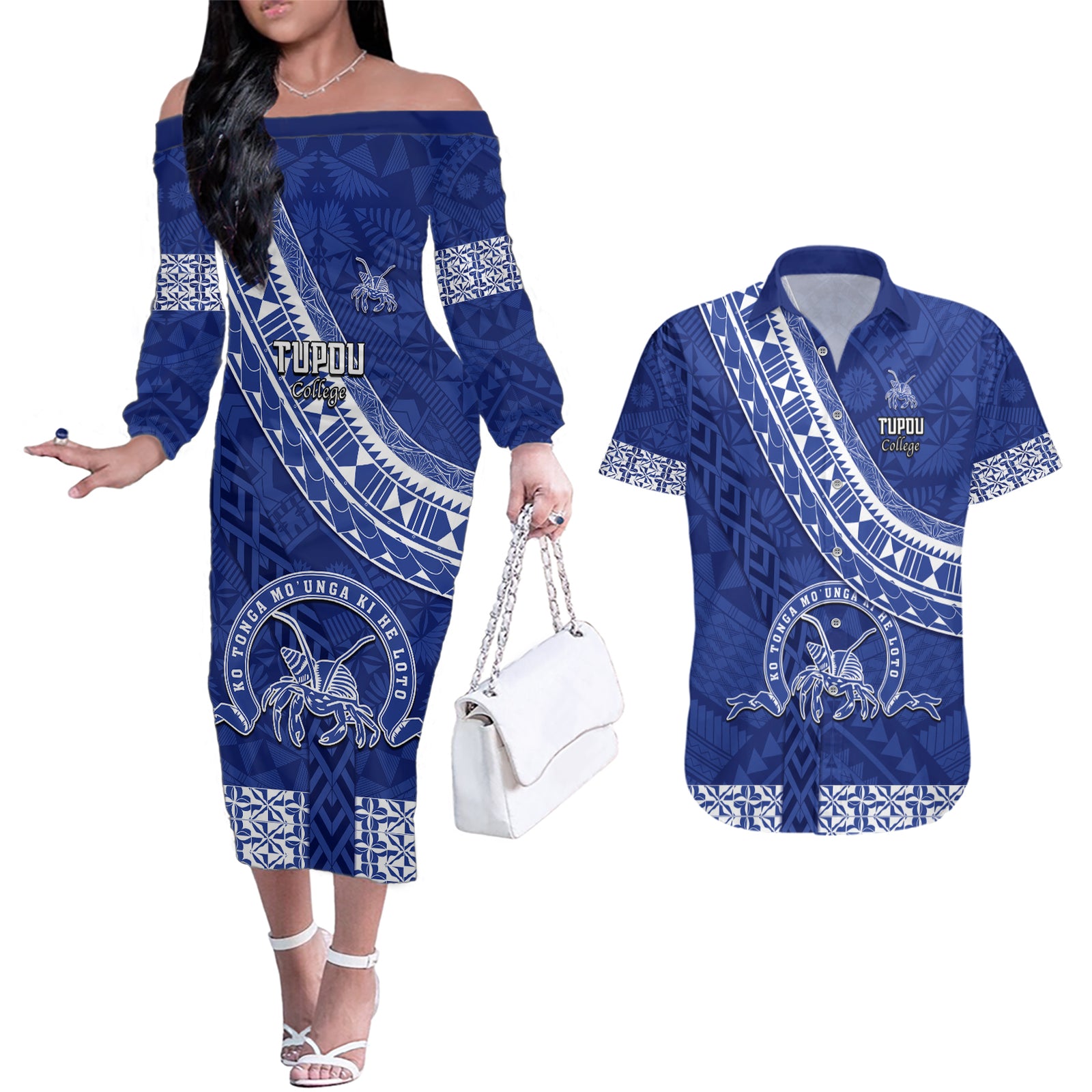 Custom Tupou College Couples Matching Off The Shoulder Long Sleeve Dress and Hawaiian Shirt Tongan Kupesi Pattern LT05 Blue - Polynesian Pride