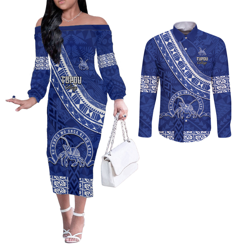 Custom Tupou College Couples Matching Off The Shoulder Long Sleeve Dress and Long Sleeve Button Shirts Tongan Kupesi Pattern LT05 Blue - Polynesian Pride