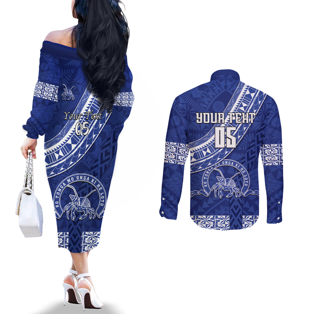 Custom Tupou College Couples Matching Off The Shoulder Long Sleeve Dress and Long Sleeve Button Shirts Tongan Kupesi Pattern LT05 - Polynesian Pride