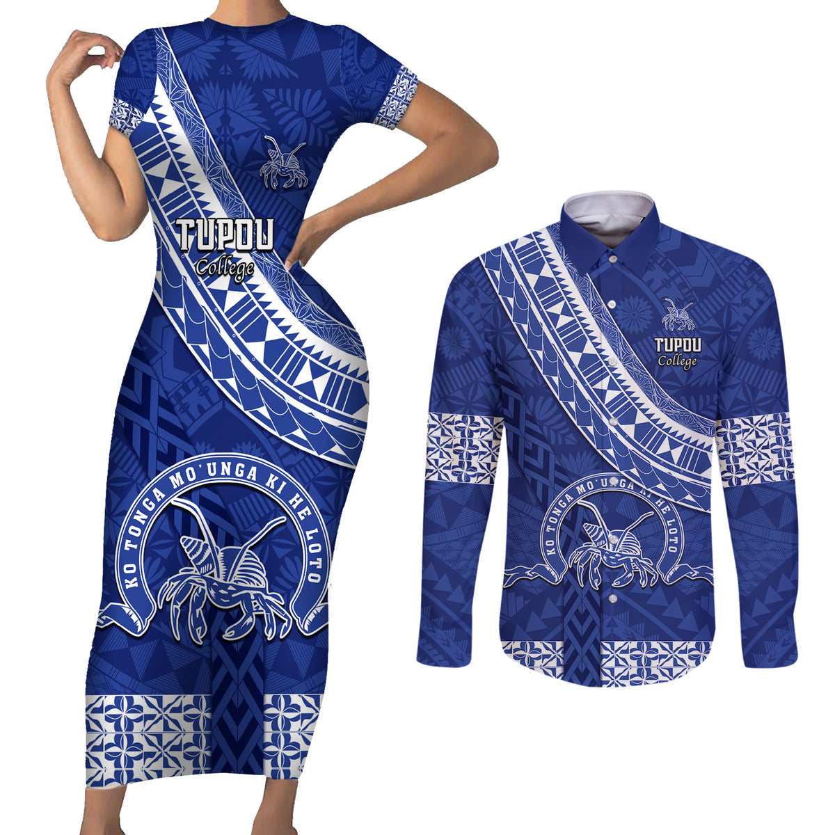 Custom Tupou College Couples Matching Short Sleeve Bodycon Dress and Long Sleeve Button Shirts Tongan Kupesi Pattern LT05 Blue - Polynesian Pride