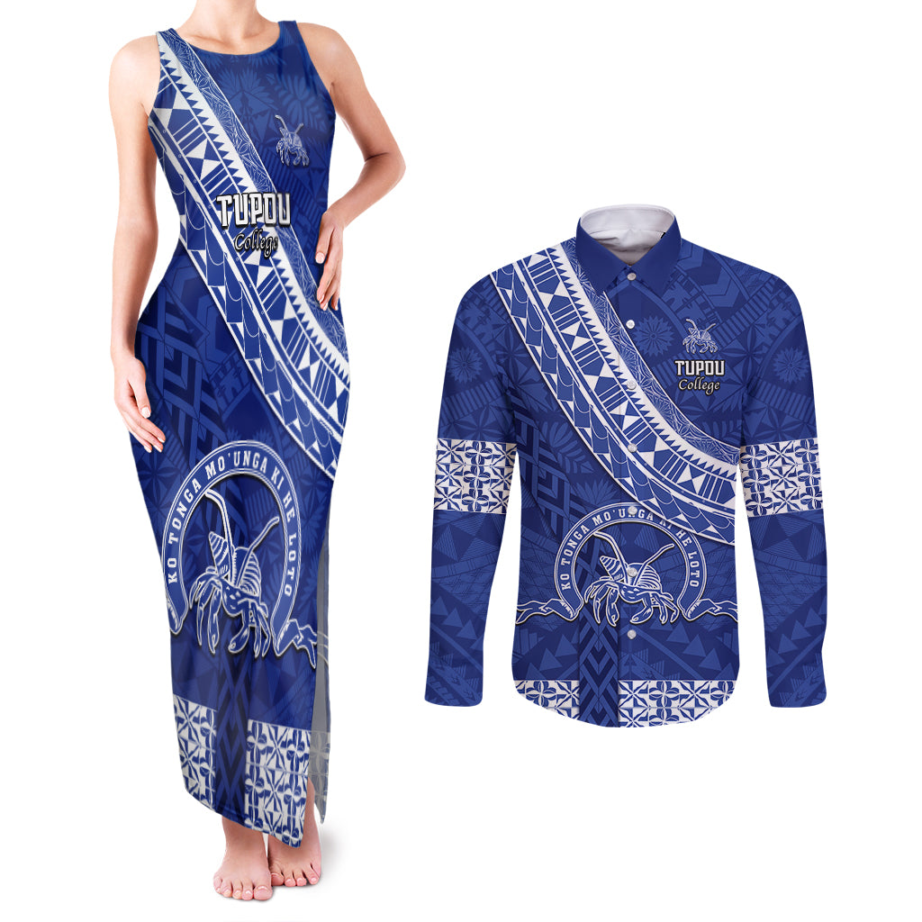 Custom Tupou College Couples Matching Tank Maxi Dress and Long Sleeve Button Shirts Tongan Kupesi Pattern LT05 Blue - Polynesian Pride