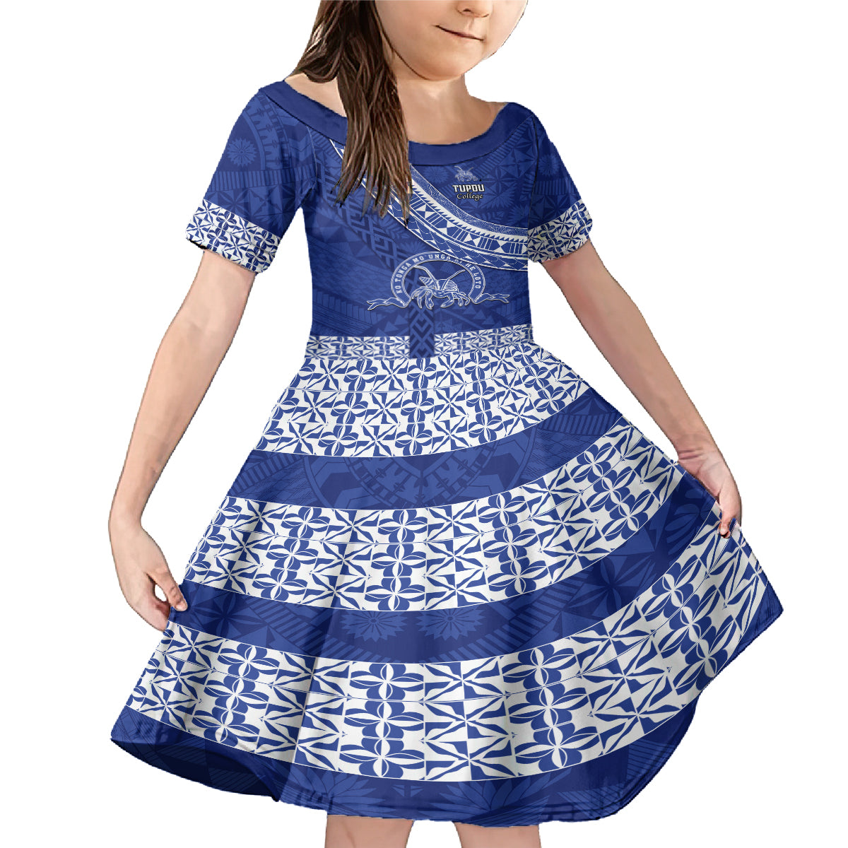 Custom Tupou College Family Matching Mermaid Dress and Hawaiian Shirt Tongan Kupesi Pattern LT05 Daughter's Dress Blue - Polynesian Pride