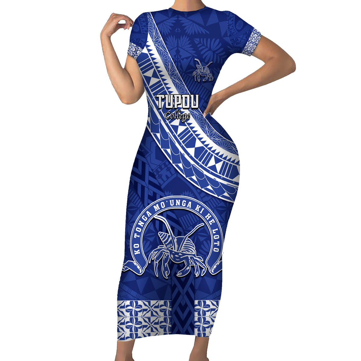 Custom Tupou College Family Matching Short Sleeve Bodycon Dress and Hawaiian Shirt Tongan Kupesi Pattern LT05 Mom's Dress Blue - Polynesian Pride