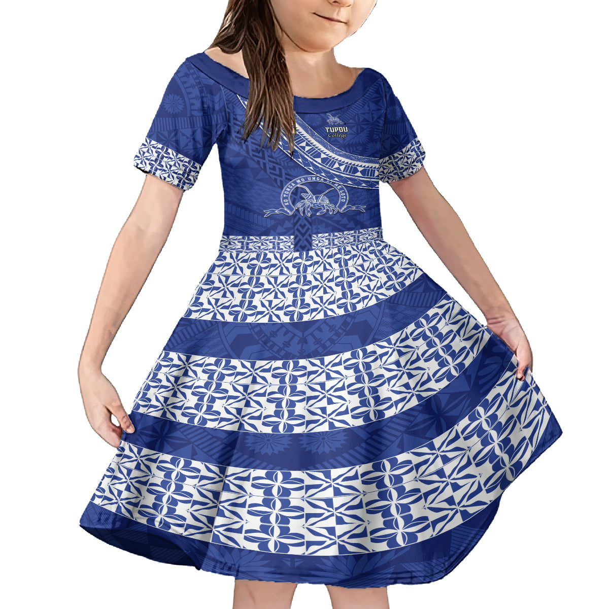 Custom Tupou College Kid Short Sleeve Dress Tongan Kupesi Pattern LT05 KID Blue - Polynesian Pride