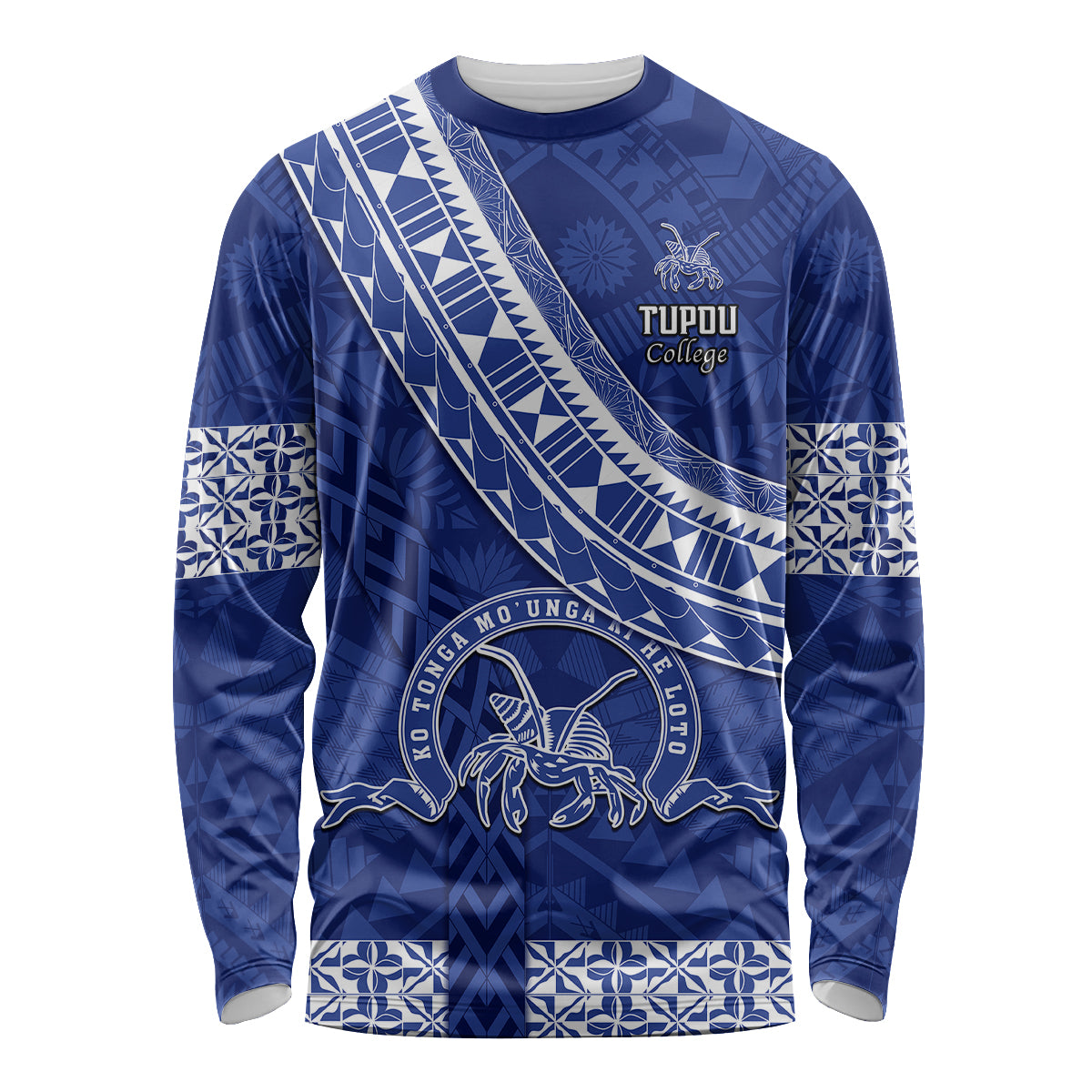 Custom Tupou College Long Sleeve Shirt Tongan Kupesi Pattern LT05 Unisex Blue - Polynesian Pride